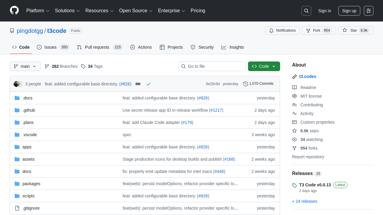 Screenshot of t3code GitHub repo